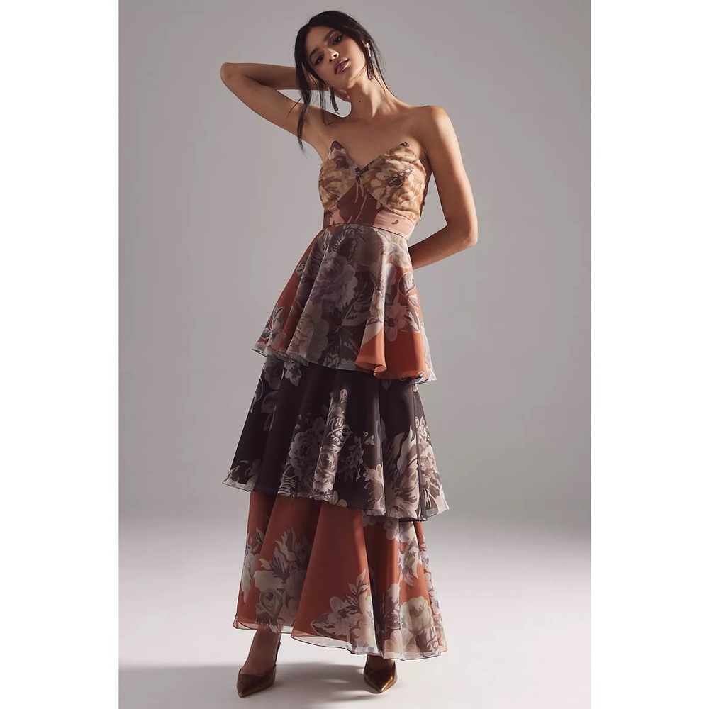 Anthropologie Geisha Designs Martina Floral Strapless Maxi Gown Dress in Brown